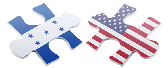 A conceptual illustration shows two puzzle pieces featuring the Honduras and United States of America flags, symbolizing connection and cooperation on a black background.