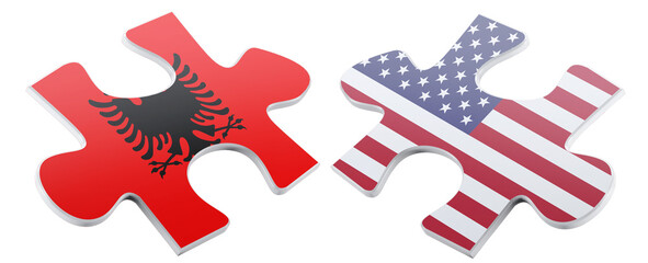 Two puzzle pieces depicting the flags of Albania and the United States are juxtaposed but not connected, symbolizing a potential or developing alliance between nations.