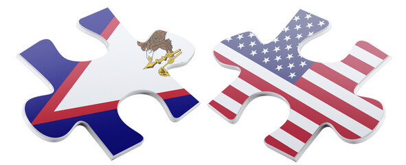 Two puzzle pieces featuring the flag of American Samoa and the flag of United States, symbolizing unity and the relationship between them.