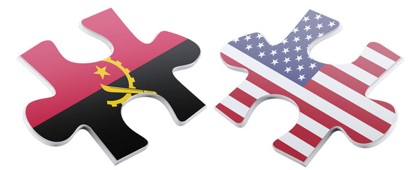 A digital illustration displays two jigsaw puzzle pieces, one with the Angola flag, the other the...