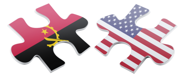 A digital illustration displays two jigsaw puzzle pieces, one with the Angola flag, the other the United States flag, symbolizing international relations and cooperation.