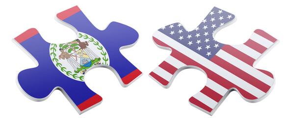 Interlocking puzzle pieces feature the Belizean flag and the American flag, symbolizing cooperation...