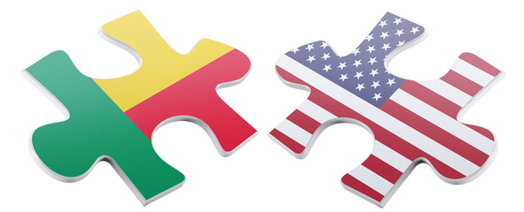 Two jigsaw puzzle pieces representing a conceptual connection between Benin and the United States, symbolizing a partnership or alliance in a clean, modern design.