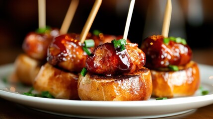 These delightful appetizers feature skewered meatballs glazed with a savory sauce on toasted bread, perfect for entertaining guests or enjoying a casual meal.
