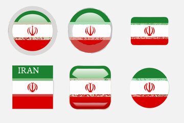 High-quality Iran flag vector icon set with multiple styles: flat, 3D realistic glass, and sticker, featuring emblem and Kufic border.
