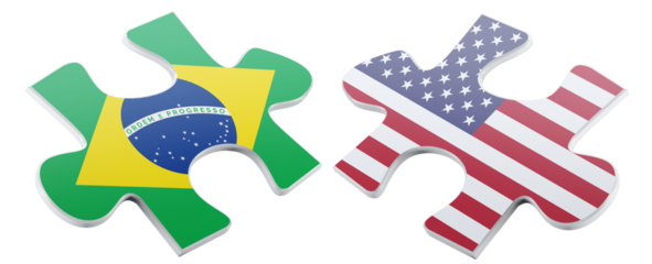 Conceptually showing the relationship between Brazil and the USA with two puzzle pieces adorned with each nation's flag fitting together to create a unified whole.