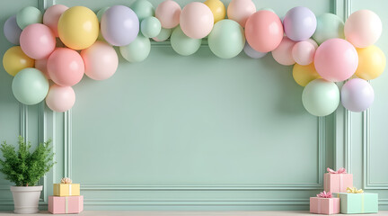 Pastel balloons and gifts against a mint green wall background