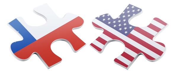 Isolated jigsaw pieces featuring the United States and Chile flags are depicted, symbolizing international relations and cooperation through a visual metaphor of connection.