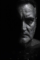 This striking black and white portrait captures a man emerging from the darkness, highlighting intense emotions through the water droplets and dramatic lighting on his face.