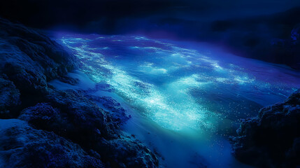 Glowing bioluminescent beach at night with luminous ocean waves