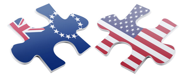 Two jigsaw puzzle pieces featuring the Cook Islands and United States flags are rendered to...