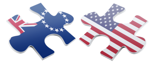 Two jigsaw puzzle pieces featuring the Cook Islands and United States flags are rendered to represent cooperation, connection, and bilateral relationships visually.
