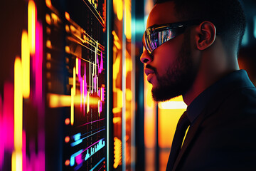 Black man interacting with holographic data streams, tech innovation concept.
