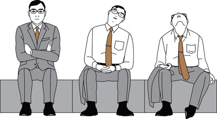 座る日本人のビジネスマン。腕組み、居眠りする男性のベクターイラスト