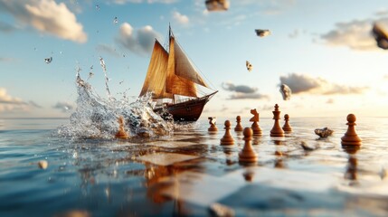 An artistic representation of a sailing ship navigating through a chessboard sea, merging themes of adventure and strategy in an imaginative visual journey.