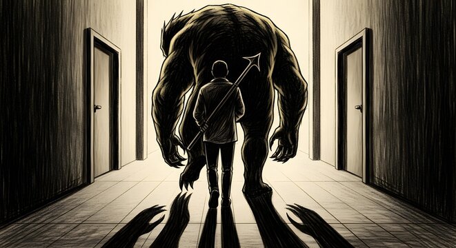 Facing Inner Demons: A symbolic, artistic depiction of an individual confronting formidable challenges or inner turmoil, silhouetted against a monstrous manifestation of fear.