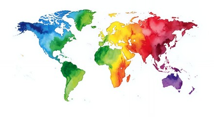 Watercolor World Map with Rainbow Colors on White Background