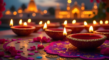 Illuminated diya lamps with pink petals and temple background for diwali festival