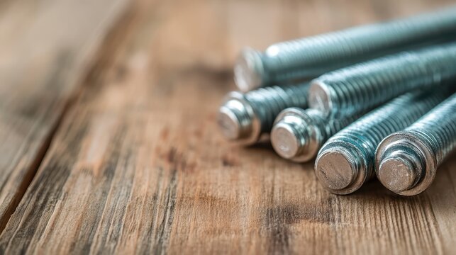 A meticulous arrangement of metal bolts on a rustic wooden surface illustrates the intersection of craftsmanship and materials in engineering and design. - Powered by Adobe