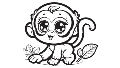Vector illustration of cartoon monkey black and white drawing For children to learn to color according to the picture.
