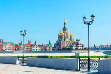 Picturesque Cathedral of the Annunciation of the Blessed Virgin Mary in Yoshkar-Ola on the river embankment. Russia