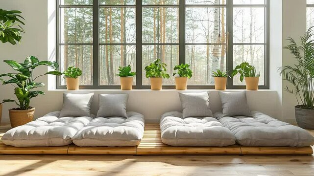 Light-filled room with a large window, featuring a light gray futon sofa on a wooden platform, surrounded by potted plants