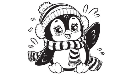 Vector illustration of cartoon Penguins waving wing greeting black and white drawing For children to learn to color according to the picture.
