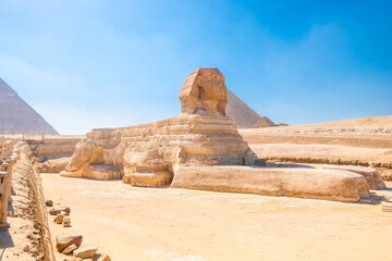 majestic Egyptian sphinx against the backdrop of ancient pyramids under the scorching sun of the...