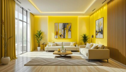 Fototapeta premium Ultra modern yellow interior room in real high-quality 8K resolution with stylish furniture, bright tones and elegant contemporary decor