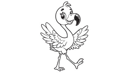 Vector illustration of cartoon flamingo bird waving wing greeting black and white drawing For children to learn to color according to the picture.
