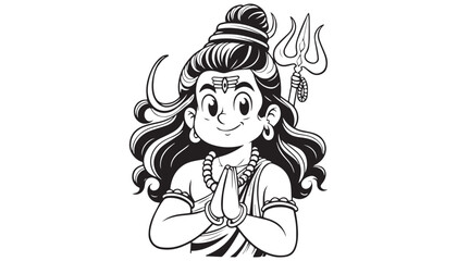 Vector illustration of cartoon lord shiv black and white drawing For children to learn to color according to the picture.
