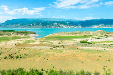 Beautiful landscape of the mountain Chirkey reservoir with azure water of the North Caucasus of Dagestan. Russia