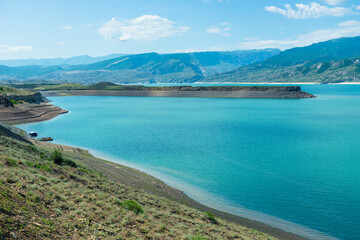 Beautiful landscape of the mountain Chirkey reservoir with azure water of the North Caucasus of Dagestan. Russia