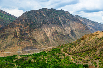 Picturesque landscape with layered beautiful mountains of the North Caucasus Dagestan Russia
