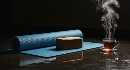 Rolled blue yoga mat with cork block and steaming cup of tea
