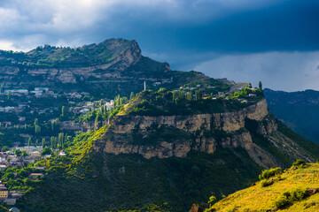 Dramatic landscape of the picturesque Gunib plateau in stormy weather on the Dagestan highlands. North Caucasus. Russia