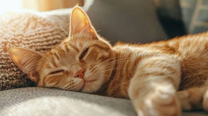 An adorable orange cat sprawled comfortably on a sofa, basking in sunlight, epitomizing relaxation and tranquility in a cozy home environment.