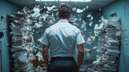 A dramatic scene depicting an overwhelmed officer amidst swirling papers in disarray, symbolizing the chaos of bureaucracy and the burden of responsibility in professional settings.