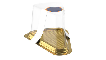 A transparent food container with a gold base and a clear lid, designed for storing or serving food items.