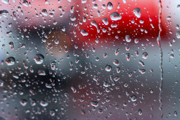 Raindrops on a glass surface with a blurred background contributing to an abstract yet artistic imagery, conveying calm, introspective, and rainy day feelings through distinctive water drop details.
