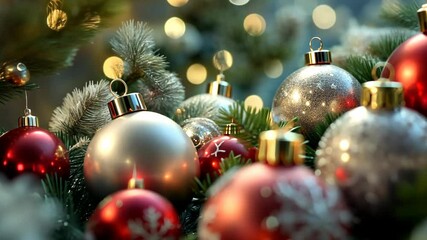 Close-up of Christmas ornaments, festive holiday decorations with bokeh lights, and holiday cheer. - Powered by Adobe