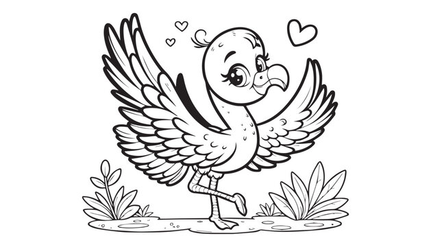 Vector illustration of cartoon flamingo bird waving wing greeting black and white drawing For children to learn to color according to the picture.
