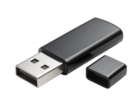 Sleek Black USB Flash Drive with Cap Removed, isolated on white background PNG