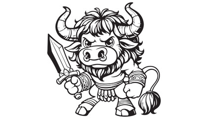 Vector illustration of cartoon angry bull black and white drawing For children to learn to color according to the picture.
