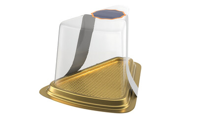 A transparent food container with a golden base and a black strap, designed for food storage and preservation.