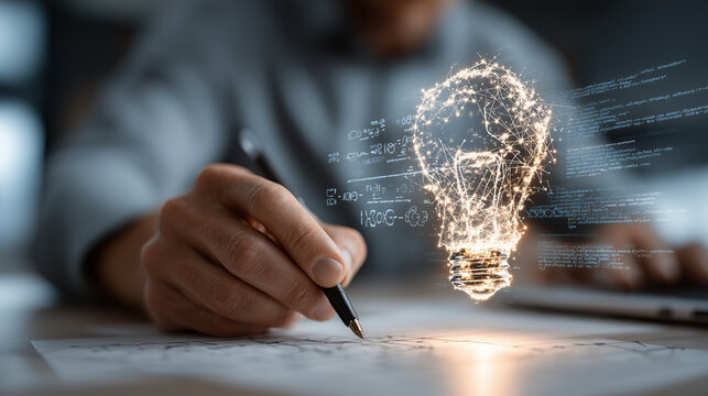 La pensée et l'innovation, la main retranscrit les formules d'une idée brillante sur papier