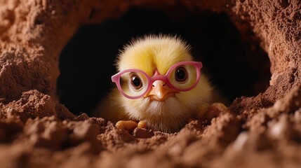 A whimsical image of a playful chick wearing pink glasses peeking out from a hole, blending humor and charm, perfect for capturing the essence of innocence and cuteness.