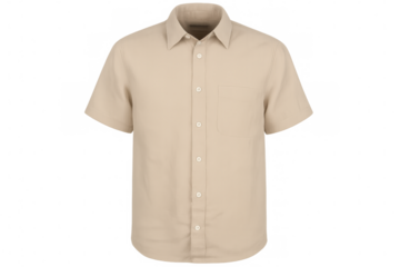 Classic beige short-sleeved shirt with buttons and pocket, perfect for casual or business settings, isolated on transparent background