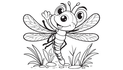 Vector illustration of cartoon dragonfly waving wing greeting black and white drawing For children to learn to color according to the picture.
