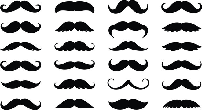 Collection of twenty four black mustache silhouettes on white background